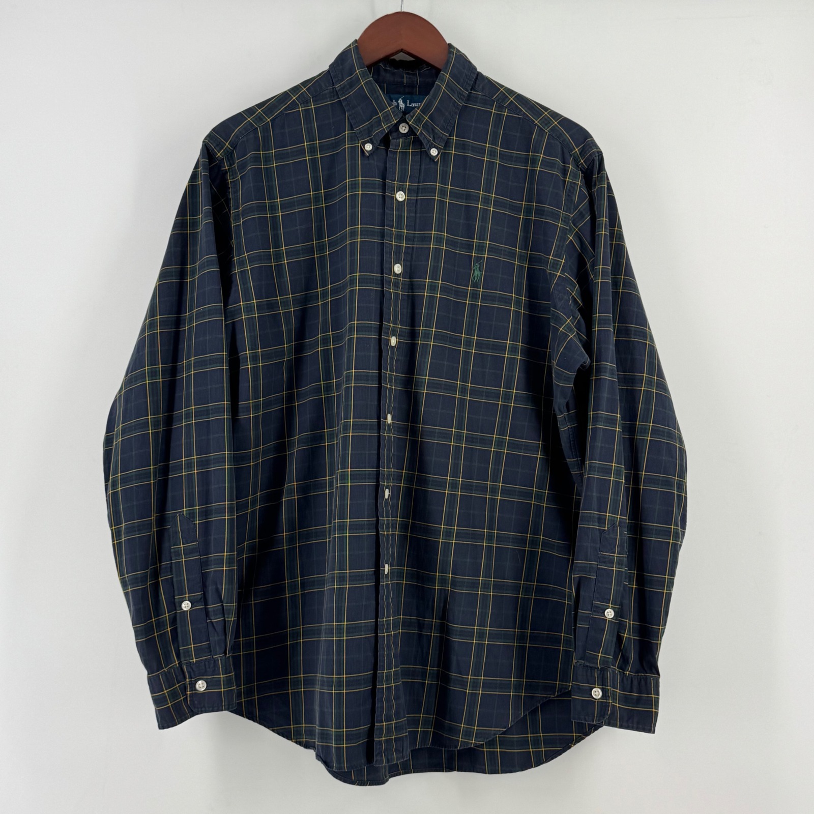 Ralph Lauren Mens Classic Fit Plaid Button Down Shirt Navy Green Yellow Large